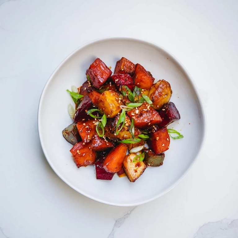 Savory and sweet Miso Roasted Winter Vegetables in a glistening miso glaze, perfect for a cozy vegetarian meal.