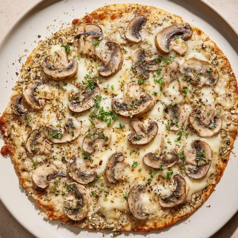 A close-up view of a baked frozen pizza upgrade showcasing melted cheese and savory mushroom toppings.