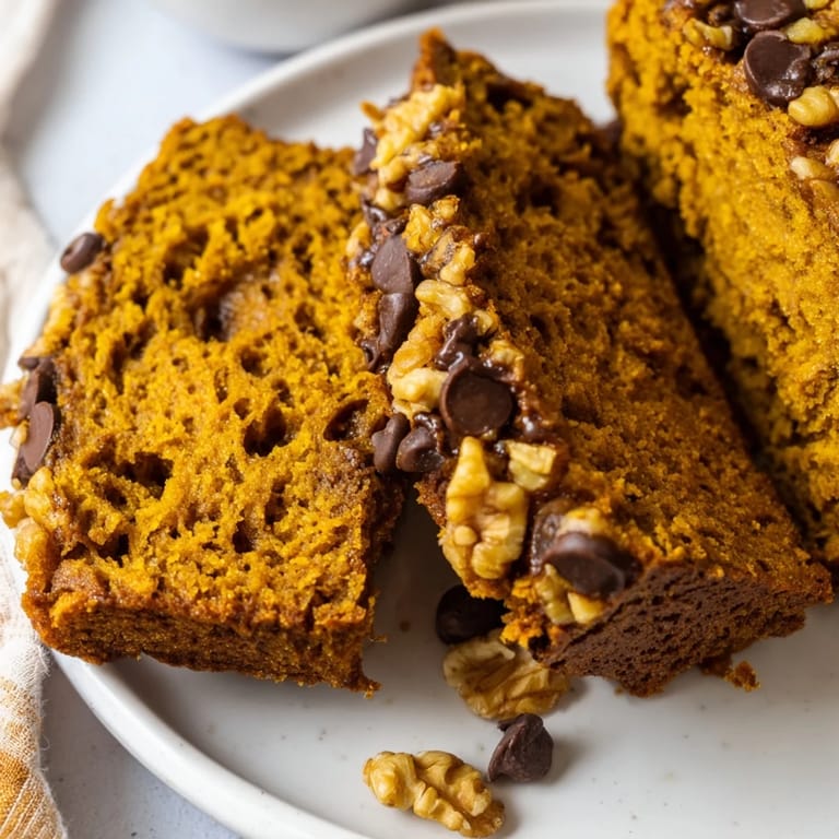 Homemade pumpkin bread, studded with chocolate chips, promising a delicious fall dessert experience.
