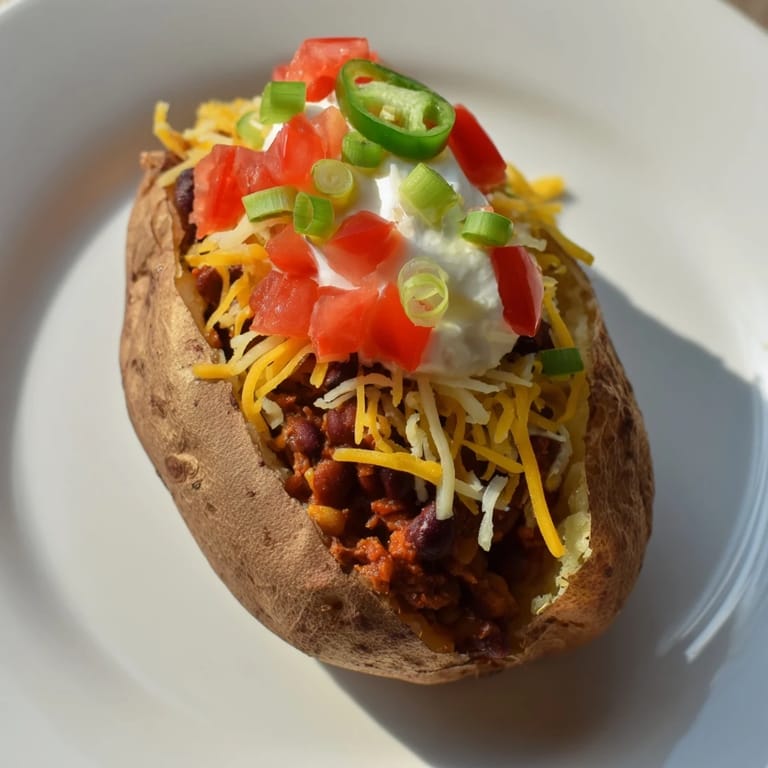 Golden baked potato halves generously piled with chili, cheese, and toppings for a delicious meal.