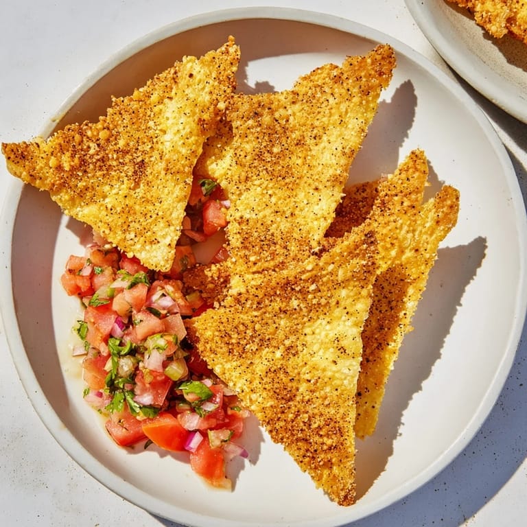 A close-up shot of perfectly cooked air-fryer tortilla chips, paired with tasty homemade salsa.