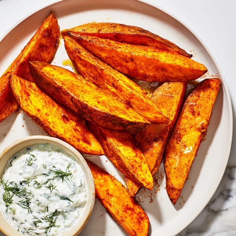A serving of Roasted Sweet Potato Wedges with a vibrant green yogurt dip; a healthy side dish.