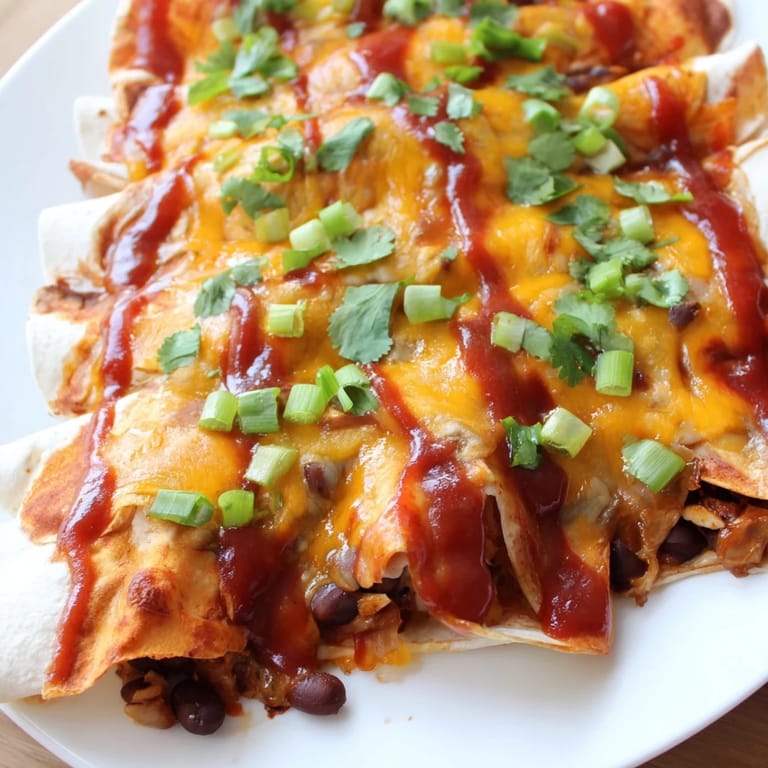 A close-up of cheesy, rolled Cheesy Bean Enchiladas ready to enjoy with family.