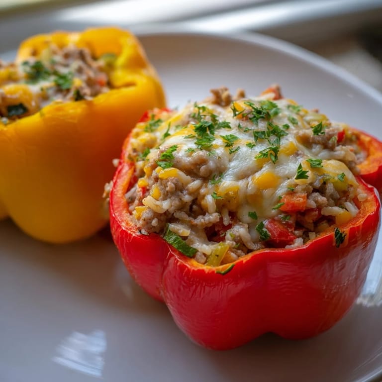 A close-up of beautifully baked Stuffed Peppers, overflowing with turkey, rice, and cheese, glistening after the oven.