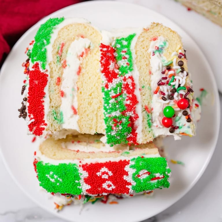 Sweet Ugly Sweater Cake Roll showcasing colorful frosting patterns and a sprinkle-covered presentation, delicious and fun.