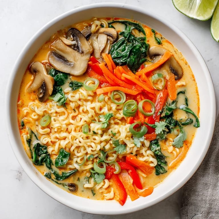 A comforting view of homemade Curry Coconut Ramen, with visible fresh vegetables and a spicy aroma.