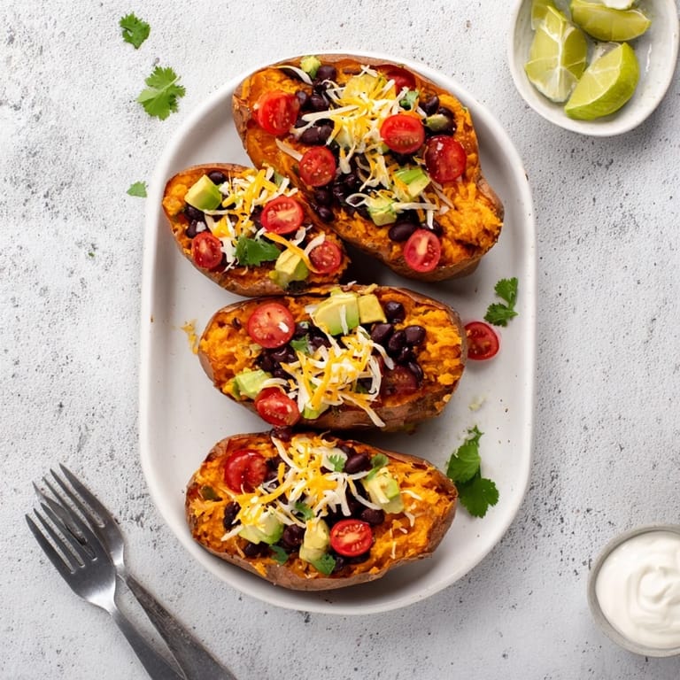 Golden, baked Loaded Baked Sweet Potatoes, perfectly tender and topped with melted cheddar for dinner.