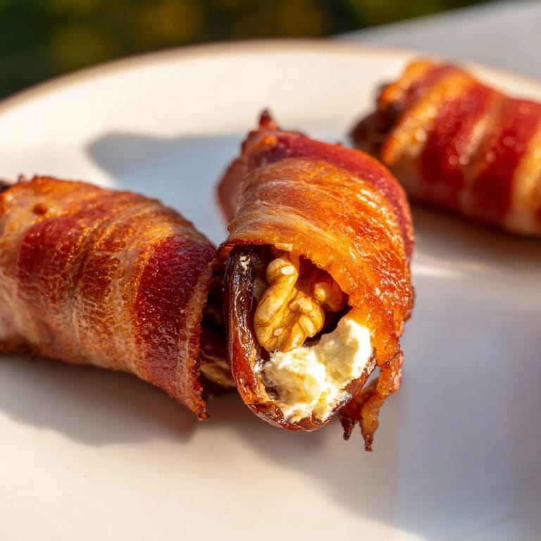 Golden-brown bacon wraps around sweet dates filled with cream cheese and walnuts, a tasty holiday starter.