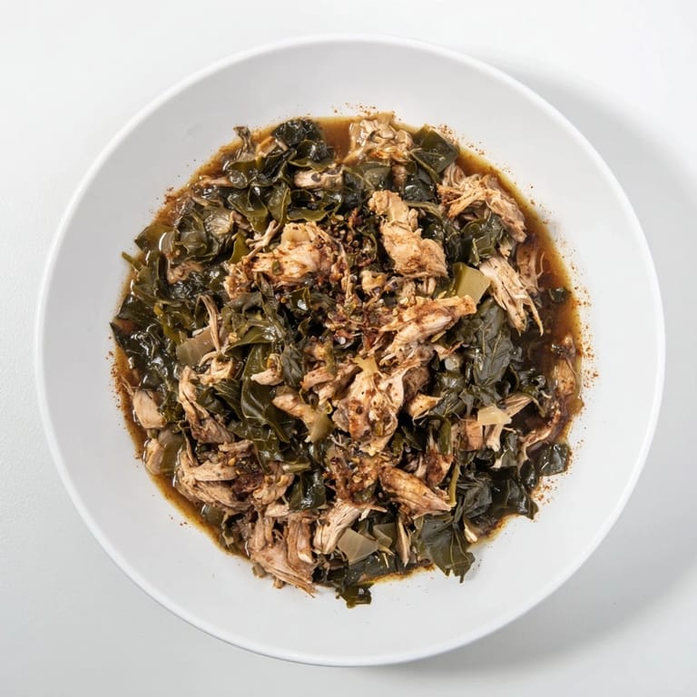 Close-up of hearty Southern style collard greens with visible smoked turkey, ready to eat.