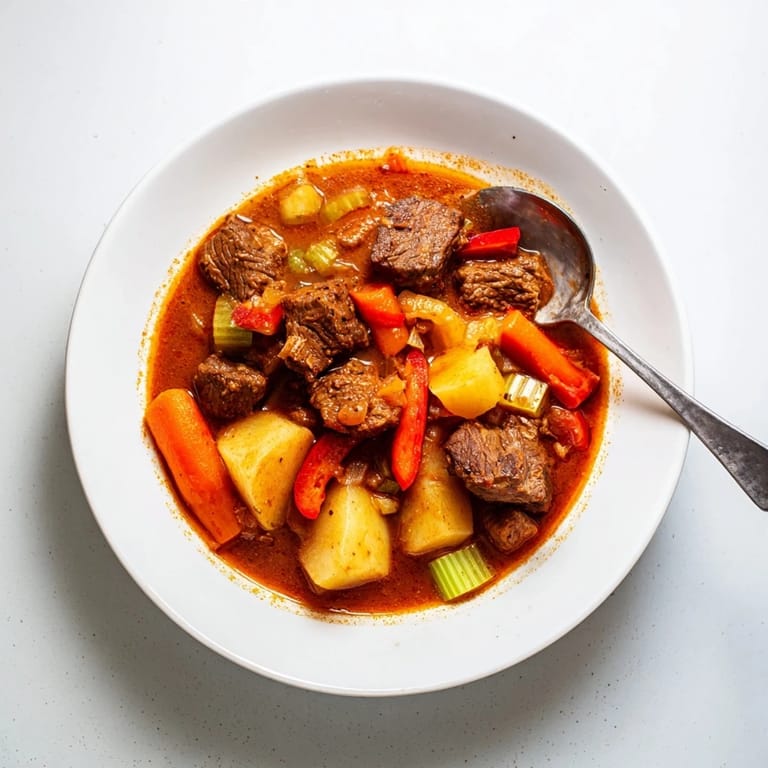 This comforting Smoked Paprika & Garlic Beef Stew showcases chunks of beef in a deep, flavorful broth.