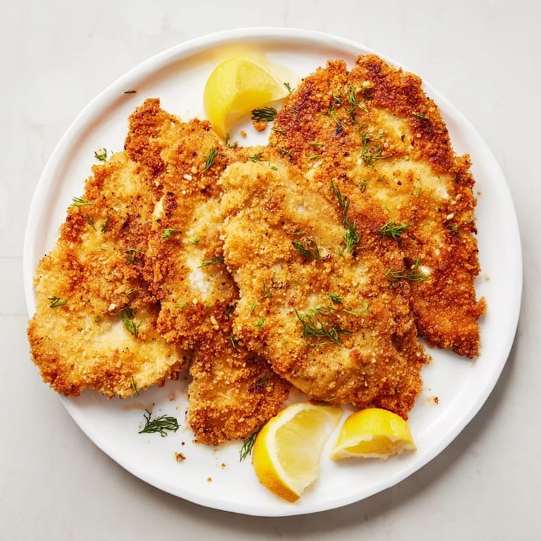 Juicy pickle-brined chicken cutlets on a plate, featuring a crispy exterior and delicious flavor.