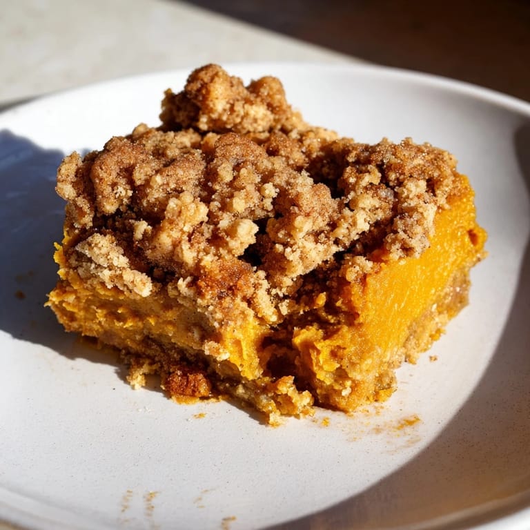 Enjoy a spoonful of creamy pumpkin crisp with a scoop of vanilla ice cream on top.