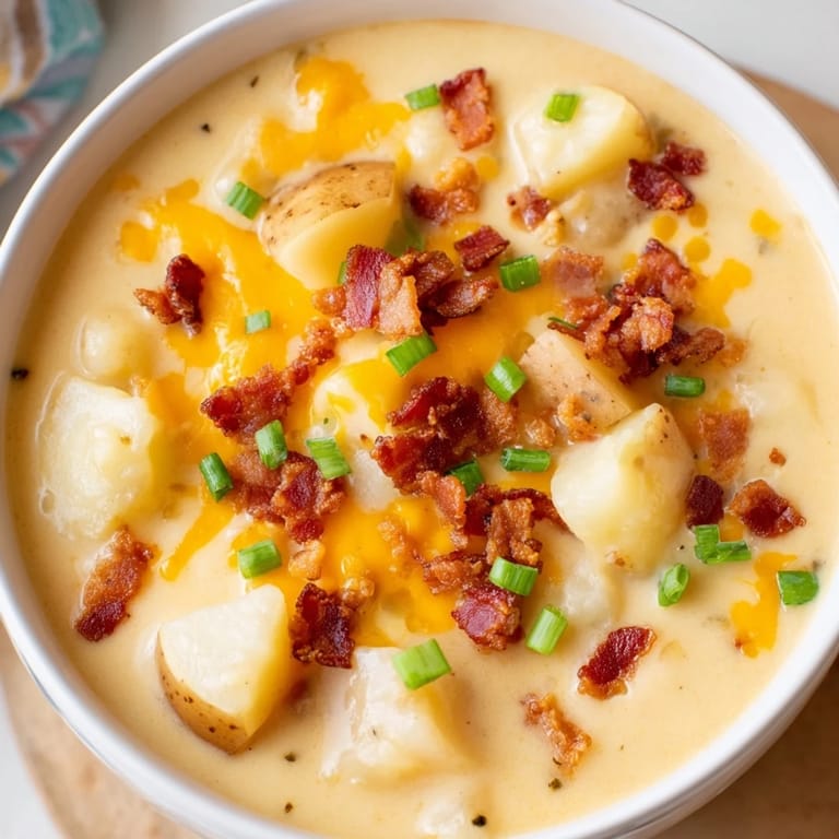 This photo features a steaming bowl of Crockpot Loaded Baked Potato Soup, loaded with toppings, ready to enjoy with crusty bread.