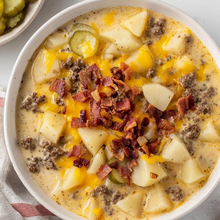 A steaming crockpot Cheeseburger Soup with ground beef, potatoes, and cheddar, ready to warm you up.