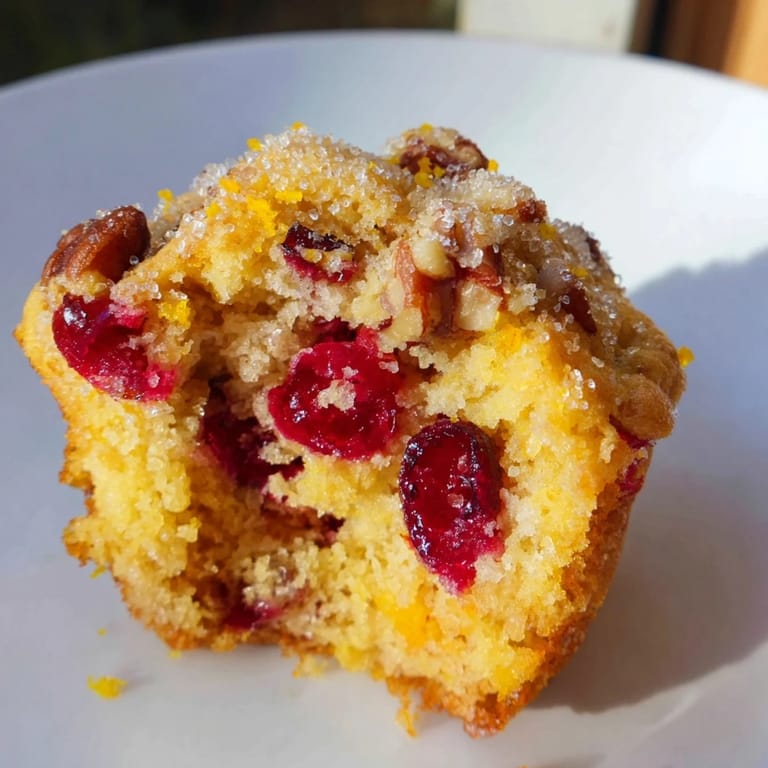 Freshly baked quick festive cranberry orange muffins, smelling of citrus zest and holiday spices.