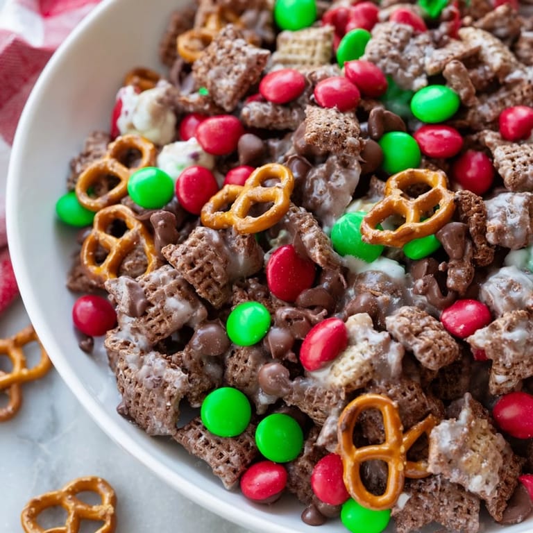 This festive batch of Simplified Reindeer Chow shows off the chocolatey, peanut butter goodness, ready to eat.