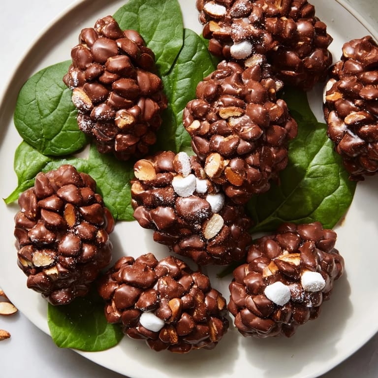 Sweet and crunchy Coco Pop Pinecone Dessert Salad featuring chocolatey pinecones atop a fresh spinach bed.