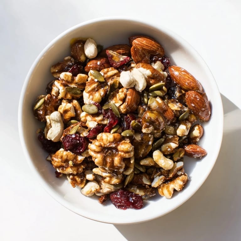 Gorgeously textured Squirrels Gourmet Nut Bowl, with toasted nuts and dried cranberries, perfect as a snack.