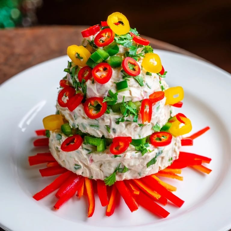 Vibrant Chili Pepper Christmas Tree Dip: Creamy cheese base adorned with chili pepper "garlands" and colorful peppers.