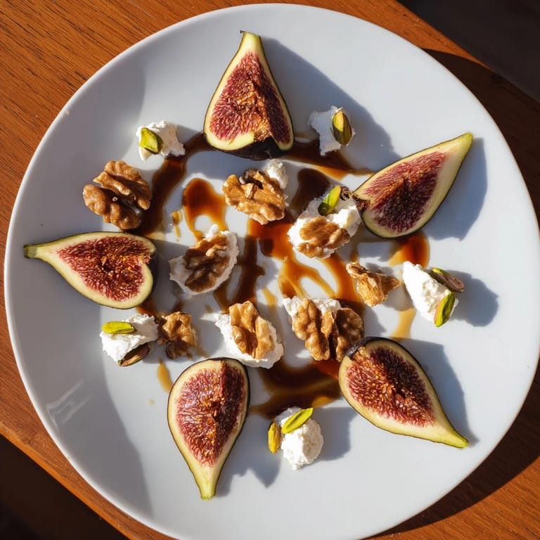 Behold the stunning Fig and Walnut Star Board, highlighting fresh figs, walnuts, and drizzled maple syrup over a platter.