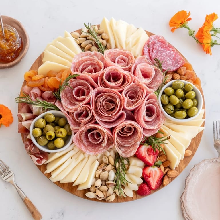 A colorful charcuterie board, the elegant Meat and Cheese Rose Garden Board features salami roses, various cheeses, and olives.