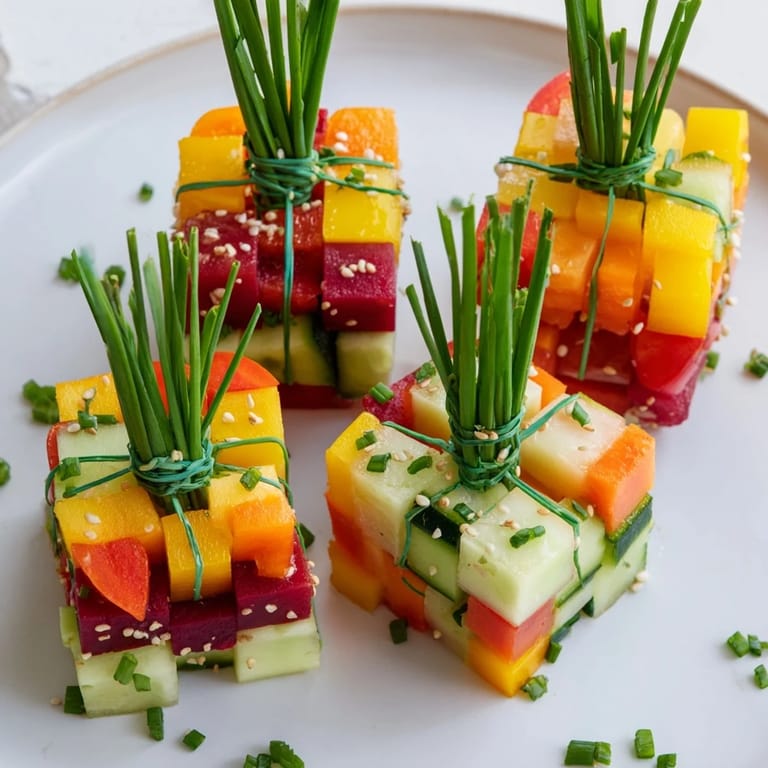 Beautiful, stacked vegetable appetizers: Stacked Gift Box Veggie Cubes bursting with fresh flavors and textures.