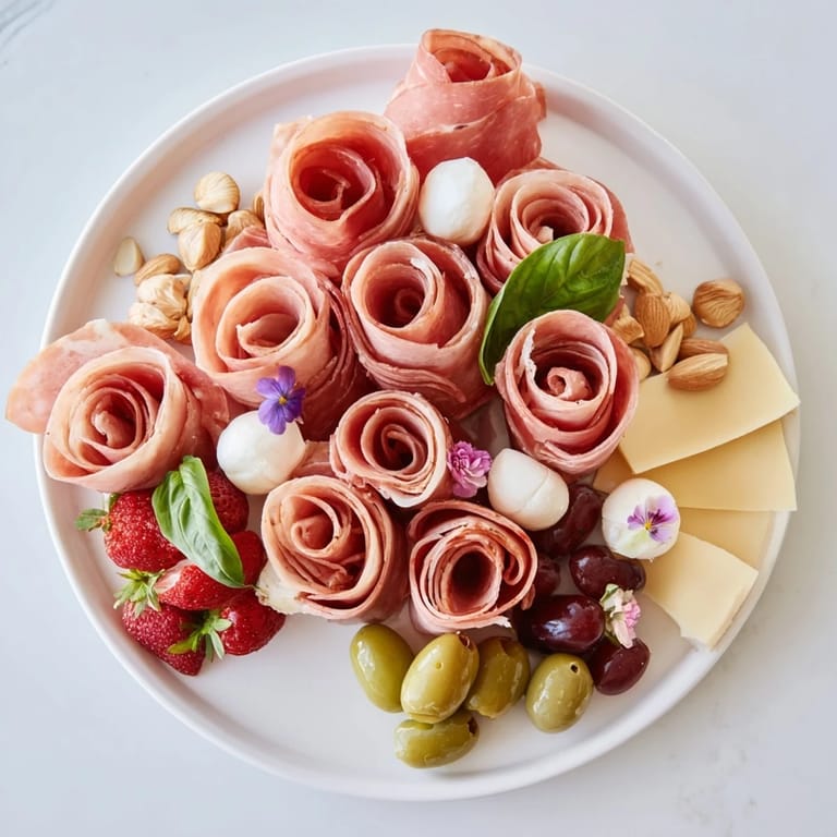 This Prosciutto Rose Bouquet Board showcases artisan cheeses and colorful fresh elements ready to serve.