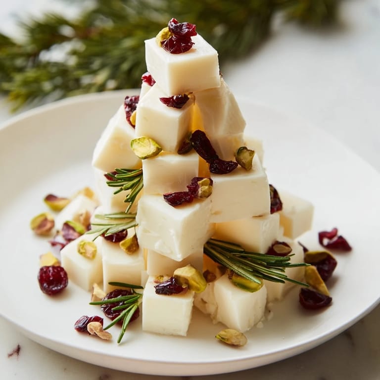 A visually appealing holiday Cranberry White Cheddar Tree appetizer featuring bright red cranberries and nuts.