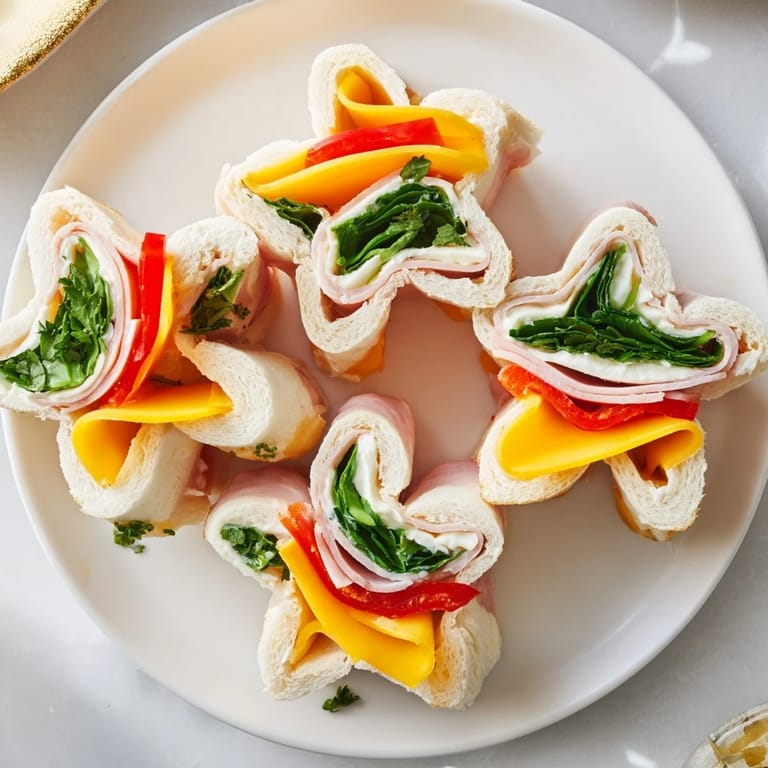 Festive star-shaped party sandwiches featuring layers of meat and cheese, cut into fun shapes.