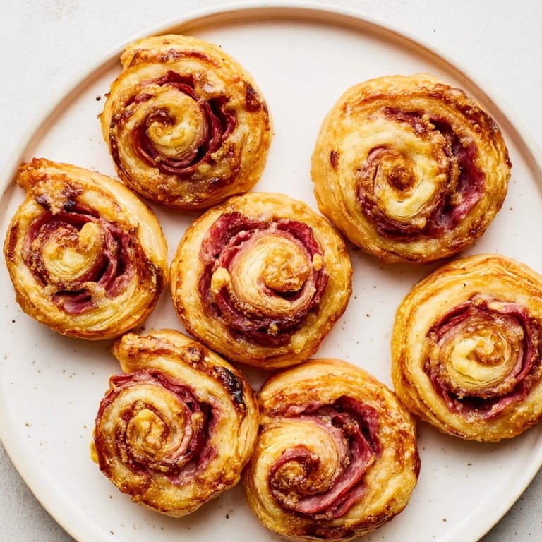 Savory Sliced Cheddar and Salami Scrolls, fresh from the oven, with melted cheese and crispy edges.