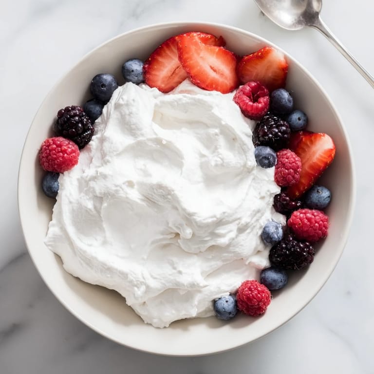 Tangy, sweet Fluffy Cream Cheese Fruit Dip alongside colorful, juicy berries for a perfect snack.