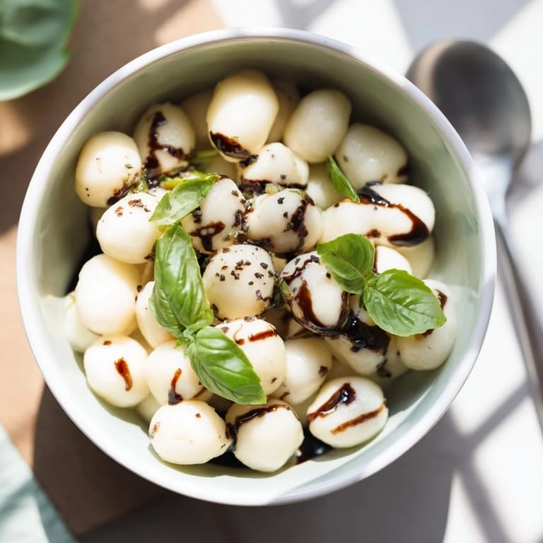 Bright photo of Simple Mozzarella Pearls, glistening with olive oil, ready for a quick and easy appetizer.