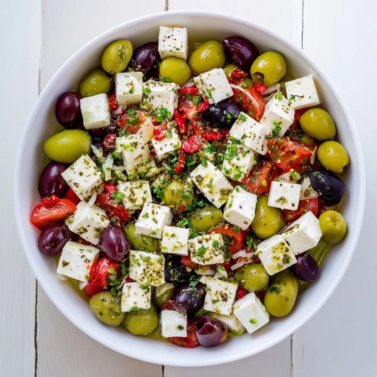 Golden feta cubes nestled among the marinated olives of this simple Holiday Mix.