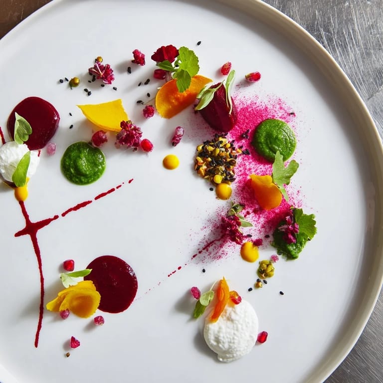 Colorful dots of purees create a beautiful Pointillism Dot Matrix, served as a stunning vegetarian starter.