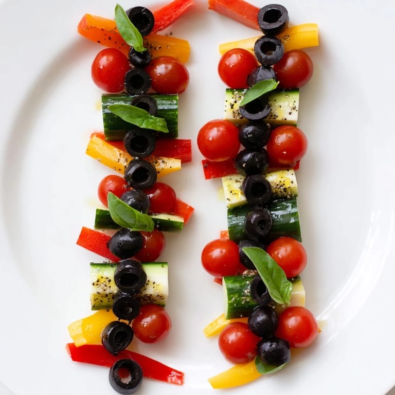 Vibrant Double Helix appetizer, with contrasting colors of olives, tomatoes, and cheese, ready to serve and impress.