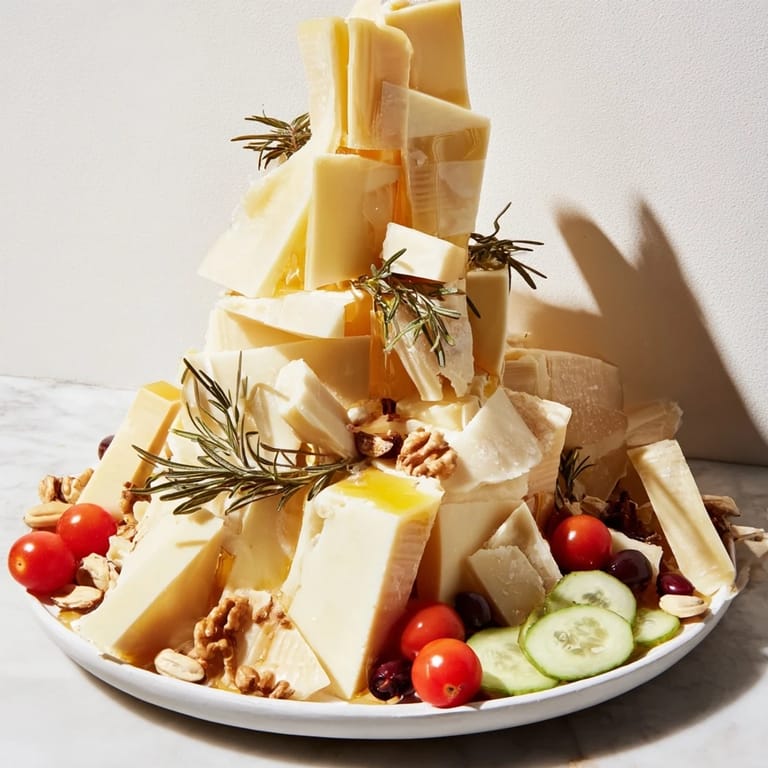 This Sculptural Cheese Landscape features a gorgeous arrangement of hard and soft cheeses, fruits, and nuts.