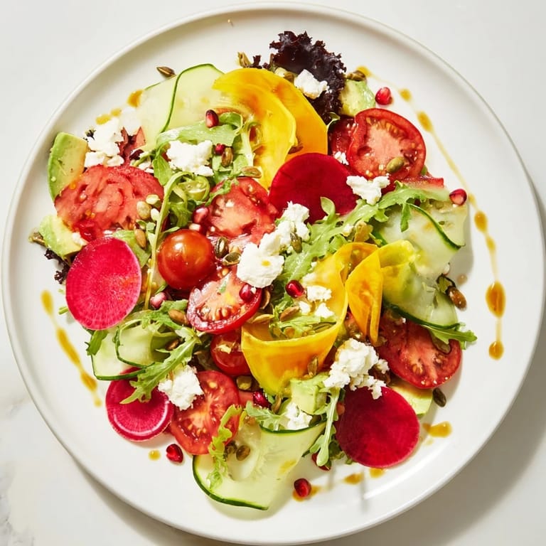 A visually artistic Abstract Expressionist Splash salad features scattered vegetables and a flavorful dressing.