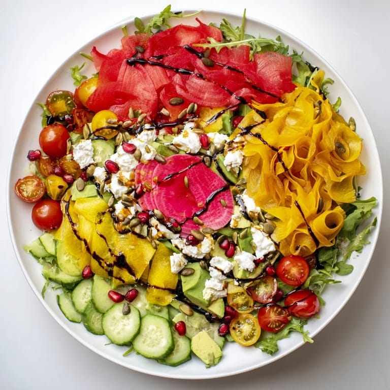 Deconstructed Abstract Expressionist Splash salad: a beautiful mess of fresh ingredients on a platter.