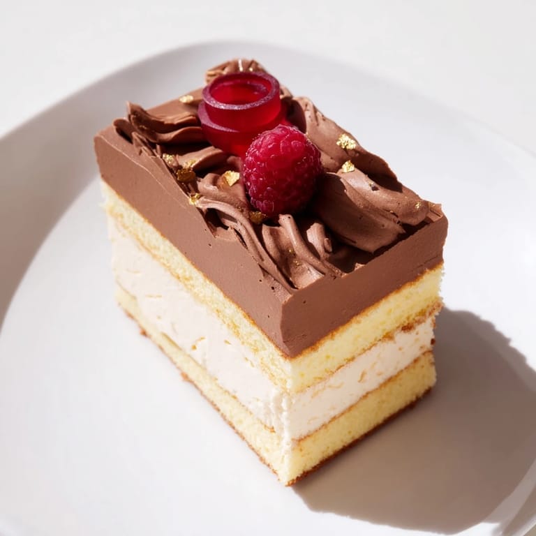 A slice of Golden Ratio Shell, layered with dark chocolate, fruit, and gold dust, looks exquisite.