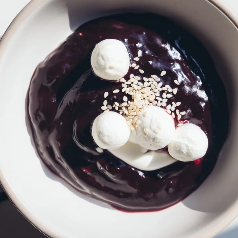 Elegant Galaxy Spiral recipe: A refreshing, no-bake dessert with yogurt, black berry jam, and sesame seeds.