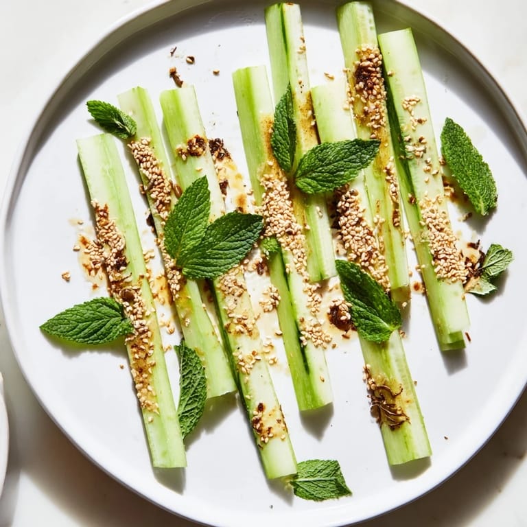 Fresh, cool, crunchy Bamboo Zen, a simple vegan appetizer with vibrant green cucumber and celery.