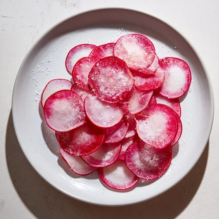 See the bright red and white radish slices sprinkled with flaky sea salt for a refreshing snack.