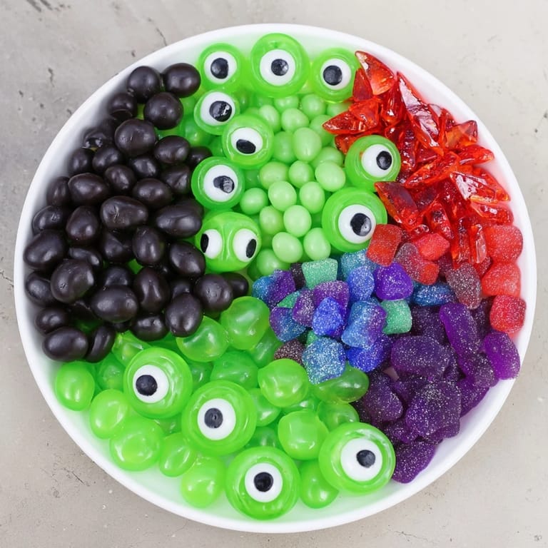 Festive Poison Apple Candy Platter boasts apple-flavored sweets with spooky eyeballs and a magical finish.