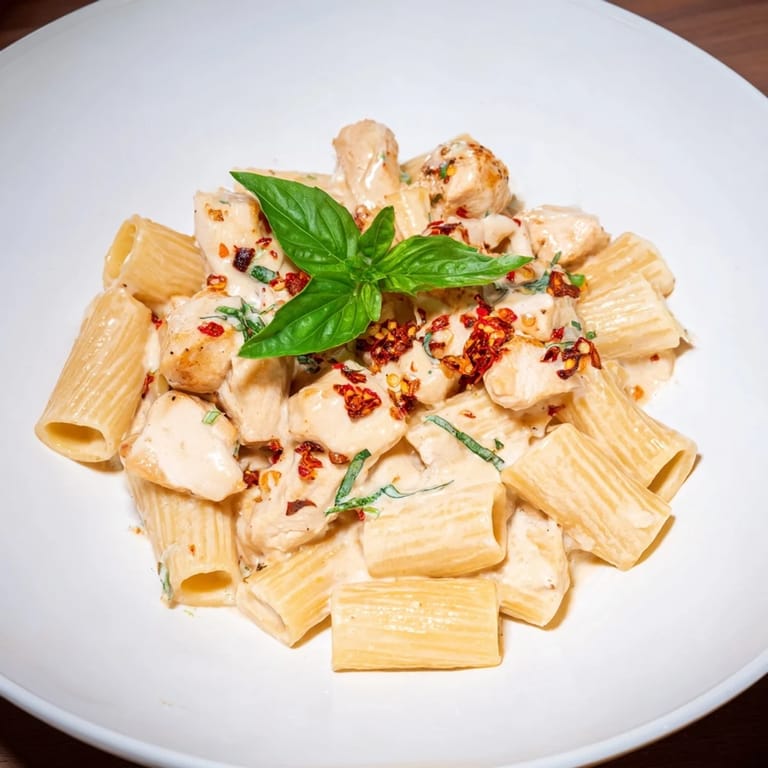 A rich Spicy Vodka Chicken Pasta, topped with Parmesan and fresh basil, ready to enjoy.