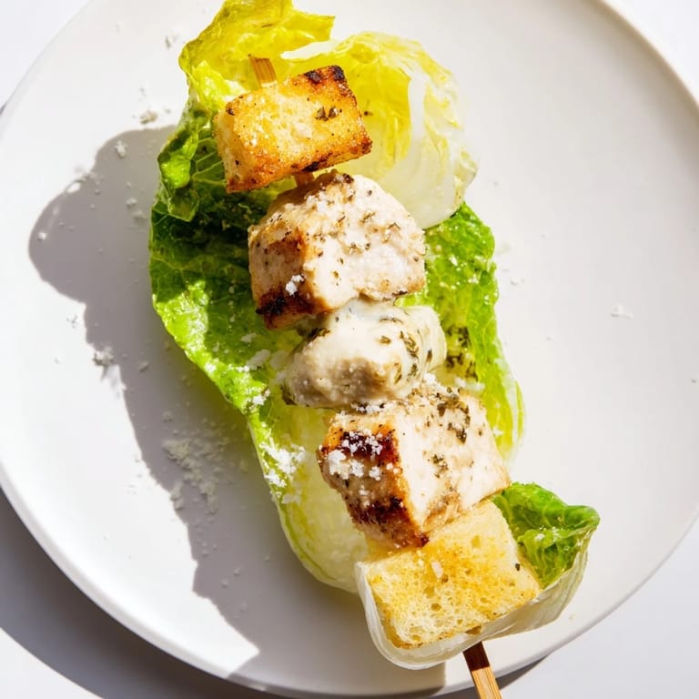 Close-up of Chicken Caesar Salad Skewers showing grilled chicken pieces, romaine, and croutons, drizzled with dressing.