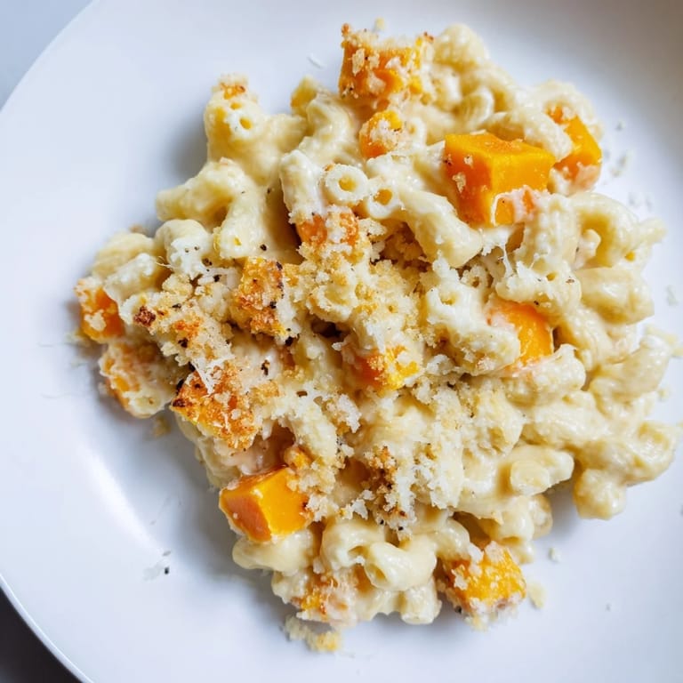 Comforting Butternut Squash Mac, with tender pasta and a vibrant, orange-hued squash sauce.