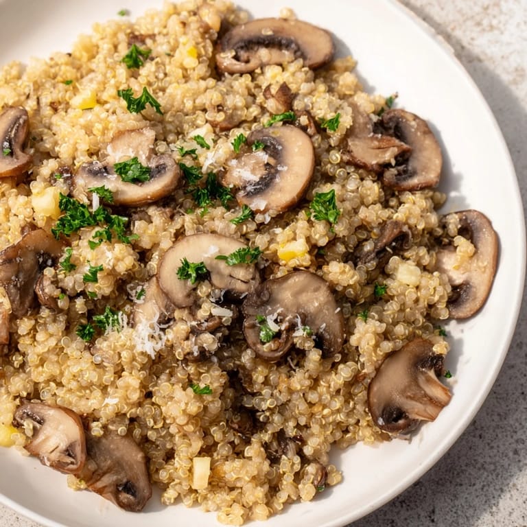 Close-up shot: a flavorful spoonful of Mushroom Quinoa Risotto, perfect for a cozy dinner.
