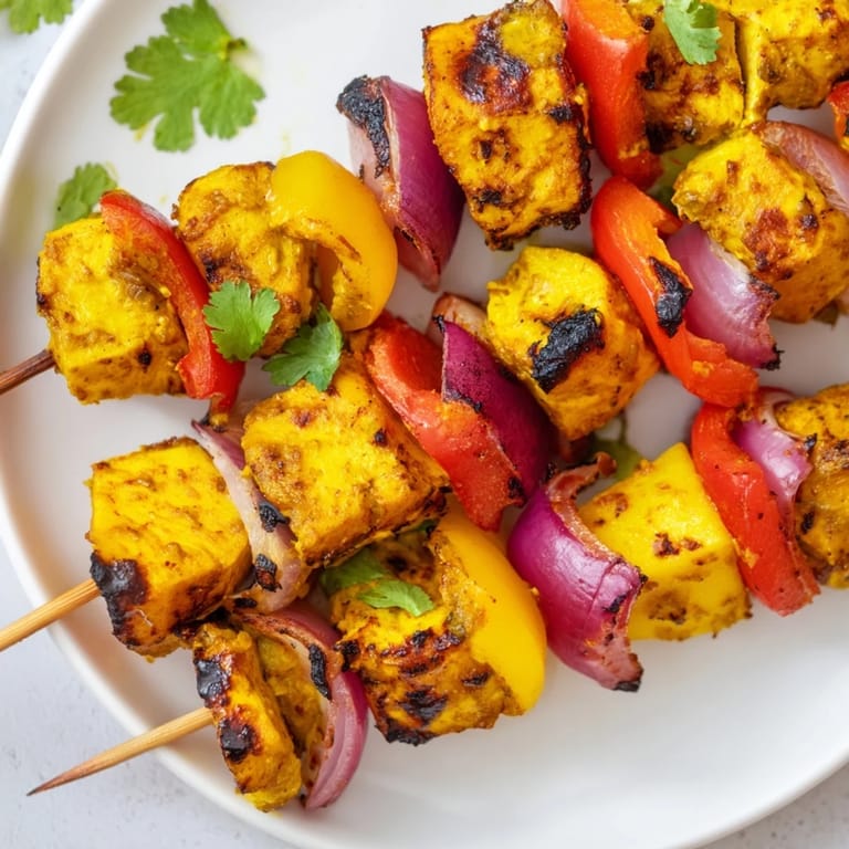 Freshly grilled Mango Lime Chicken Skewers, garnished with cilantro and served with lime wedges.