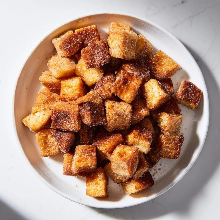 A bowl of delightful, crispy French Toast Cereal, showing perfectly golden pieces ready to eat with milk.