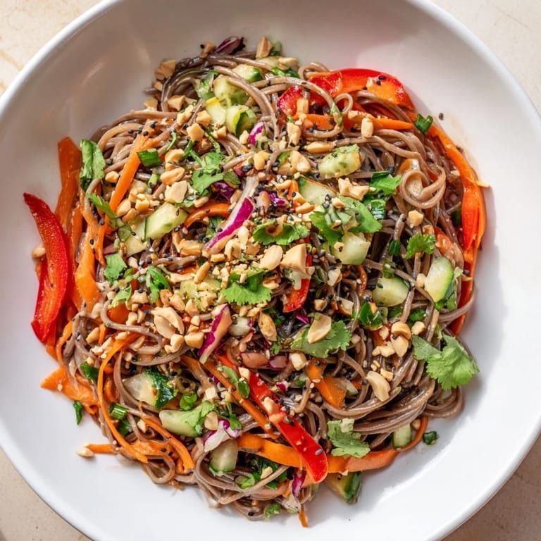 Chilled Cold Noodle Salad with Sesame-Ginger Dressing, garnished with peanuts, ready to eat and enjoy.